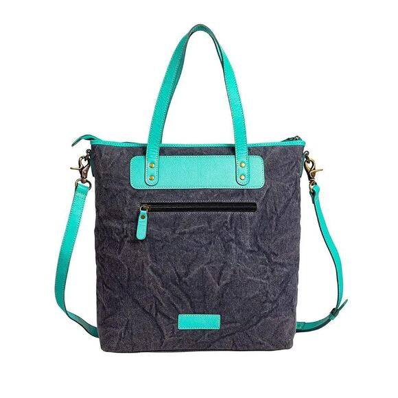 Myra Bag Handmade Tonga Tote Bag Upcycled Canvas & Cowhide Leather - Picture 7 of 10